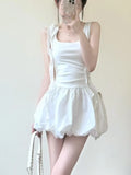 Nukty Summer Sweet Korean Fashion White Retro Dress Square-Neck Slim Wasit Sleeveless Flower Lace-up Small Vest Dress Women New 2025