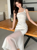Nukty Elegant Satin Party Dress for Women French Mesh Patchwork Bodycon Mermaid Evening Dresses Summer Midi Vestidos Female Clothing