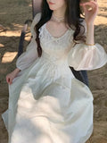 Nukty Autumn Elegant Jacquard Fairy Dress Vintage Court Style Lantern Sleeve Princess Party White Dresses Korean Bandage Vestidos New