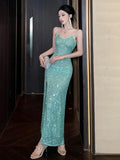 Nukty Women's Sexy Green Evening Dresses Slim Backless V-Neck Split Gown Long Dress Fashion Robe Birthday Party Vestidos Spring Autumn