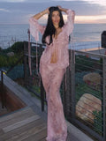 Nukty Y2K Style Two Piece Suit Sexy Front Open Wood Ear Edge Lace-up Printed Top High Waist Long Dress Bikini Cover Ups A2586