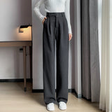 Nukty Autumn Winter Woolen Women's Wide Leg Pants New High Waist Button Vintage Korean Casual Loose Trousers Female