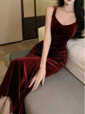 Nukty Vintage Elegant Wine Red Long Mermaid Dresses Fashion Women's V-Neck Solid Slim Wasit Evening Party Sling Robe New Summer