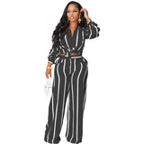 Nukty Autumn Winter Fashion Striped Print Set Women's Long-sleeve Button Shirt Wide-leg Pants Two-piece Suit Casual Office Ladies Sets