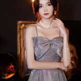 Nukty DRESS TO IMPRESS Shiny Blue Prom Dress Sexy Spaghetti Strap Sweet Bow Starry Sky Sequins Cocktail Party Gown Floor-Length A-Line Formal Vestido