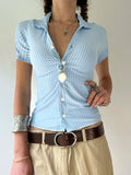 Nukty  Blue Stripe Short Sleeve Shirts For Women Button Up Turn Down Collar Slim Simple Casual Preppy Tops Basic Summer Tees