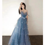 Nukty DRESS TO IMPRESS Blue Spaghetti Strap Evening Dress Luxury Tulle Applique Princess Cake Gown Sexy Illusion Backless Long Quinceanera Dresses