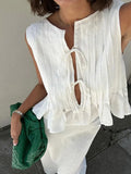 Nukty Elegant White Pleated Vest Maxi Skirts Sets Fashion Round Neck Lace-up Puff Hem Tops Suit New Vocation High Streetwear