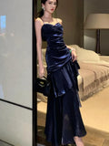 Nukty Vintage Blue Elegant Sexy Backless Ruffles Long Dresses French  Pleated Slip Sleeveless Vestidos Birthday Evening Party Dress