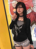 Nukty  Punk Harajuku Striped T Shirts Black Y2K Vintage Gothic Graphic Patchwork Top Grunge Retro Patchwork Street Long Sleeve Tees