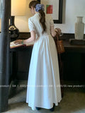 Nukty French Elegant Lace Long Dress Summer V-Neck Puff Sleeve Single Breasted Woman Dresses Office Lady Causal New Vestidos