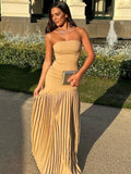 Nukty Women Solid Pleated  Hem Patchwork Long Dress Fashion Backless Strapless Sleeveless Slim Maxi Dresses Sexy Vocation Streetwear