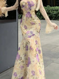 Nukty Summer Female Two-Piece Dress Set Sweet Fishtail Strap Dress V-neck Sleeveless Woman Floral Through Lace Cardigans New