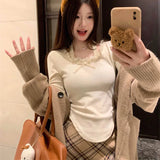 Nukty Lace T Shirt for Women Spring Slim Crop Top Korean Halter Long Sleeve Tees Y2k Solid Ladies Tshirts Femme Bow Sweet Clothing New