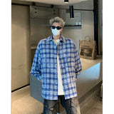Nukty Men Shirt Plaid Tie-dye Long Sleeve Mens Casual Loose Shirt Autumn High Quality Oversized Male Checked Shirt Red/Blue/Gray