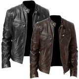 Nukty Mens Fashion Leather Jacket Slim Fit Stand Collar PU Jacket Male Anti-wind Motorcycle Lapel Diagonal Zipper Jackets Men