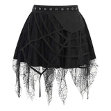 Nukty Gothic Black Mesh Fringed Mini Skirt Women Spider Web Lace Irregular Dark Skirts Pleated Y2K Grunge Halloween Party Clothes