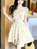 Nukty Elegant French Floral Mini Spaghetti Strap Dress Print Strapless Dresses Women's V-Neck Summer Holiday Beach Festival Clothes