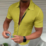 Nukty Men's Light Business Office Casual Zipper Short Sleeve Shirt Slim Fit Solid Color Lapel Cardigan Fashion Tops
