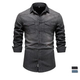 Nukty Cotton Men Denim Shirts Striped Stretch Long Sleeve High Quality Jeans Shirts for Men Casual Slim Cowboy Shirts Man