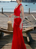 Nukty Sexy Red Skirts Suits Elegant Halter V-neck Short Top + Casual High Waist A-line Long Skirt Womens Two Pieces Set Woman Clothing