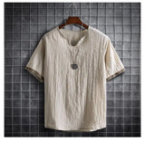 Nukty japan fashion street Summer Men Cotton Linen Tshirts Solid Color Korean Fashion Men Short Sleeve Short Sleeve Tshirt Mens Clothing Plus Size 5Xl
