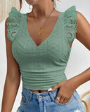 Nukty New Fashion Summer Casual Sexy V-Neck Flutter Sleeve Eyelet Embroidery Lace Patch Skinny Tank Top