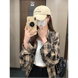 Nukty Checkered Shirt for Women Button Up Collared Plaid Shirt Blouse Female Casual Outfit