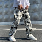 Nukty Mens Jean Fashion Printed jeans Spring Mopping Trousers Jeans Korean Style High Street Loose Hip Hop Wide-leg Jean Pants
