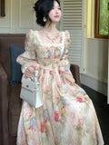 Nukty Autumn Women Painting Printed Long Dress French New Square Collar Lantern Sleeve Midi Dress Casual Lace-up Lady Vestidos Largos