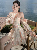 Nukty Vintage Floral Print Womens Dresses Elegant Slash Neck Flare Long Sleeves Princess Birthday Party Mini Dress A-Line Chiffon Robe
