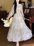 Nukty Elegant Long Sleeve Print Dress for Women Square Collar Princess Evening Dresses Femme One Piece Casual Vestido Mujer Autumn New