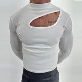 Nukty Autumn Clothing Men's Bodysuits Hollow Out Turtleneck Long Sleeve T Shirt Streetwear Sexy Solid Color Ripped Fashion Basic Shirt