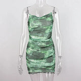 Nukty Sexy Spaghetti Straps Printing Dress Y2K Elegant Aesthetic Low-cut Sleeveless  Mini Dresses Slim Off Shoulder Vestidos