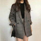 Nukty Women Plaid Blazers Coats Spring Autumn Solid Jacket Female Double Breasted Office Lady Long Overcoat Casual Top