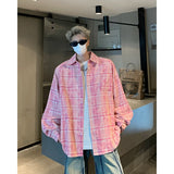 Nukty Autumn Fashion Men Women Plaid Shirts Oversize Button Up Long Sleeve Tops Korean Loose Casual Outwear Couples Shirt Pink/Blue