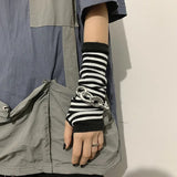 Nukty Punk Long Sleeves Fingerless Gloves Cuff for Women Men Stripe Hip-Hop Knitted Elbow Mittens Elastic Winter Arm Warmer Outdoor
