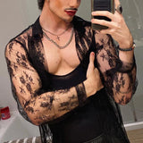 Nukty Men's Mesh See Through Mesh Sexy Lace Shirt Long Sleeve Fishnet Hollow Out Vintage Streetwear Slim Fashion Party Clothing S-XL