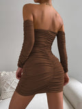 Nukty Long Sleeves Sexy Ruched Strapless Dress Women New Fashion Female Pure Color Mini Pleated Casual Clothing