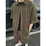 Nukty Fashion Army Green Knitted Hollow out Shirt Men Streetwear Transparent Lapel Short Sleeve Button Camisas Sexy Men Clothing 2XL-M