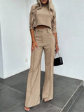 Nukty Elegant Women Letter Print Two Piece Sets Autumn O Neck Short Top & Wide Leg Pants Outfits Office Lady Casual Streetwear Suits