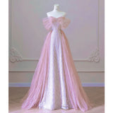 Nukty Exquisite Pink Beaded Sequins Wedding Dress Evening Party Gown with Detachable Tulle Train Birthday Dresses Vestidos De Noche