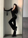 Nukty 2024 Hot Tops Fashion Black Velvet Slim Hooded Zipper Long Sleeve Flare Pants Jumpsuit Rompers Korean Sexy