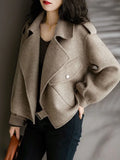 Nukty Women's Coat Woolen Blends Long Sleeve Autumn Short Coats Office Lady Turn-down Collar Thick Loose Winter Jackets for Women