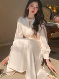 Nukty Elegant French Satin Vintage Midi Dress Spring New Office Lady Lace-up Long Sleeves Slim Wasit Korean Chic Vestidos Basics