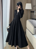 Nukty Vintage Elegant Solid Knitted Midi Dresses Women Korean Casual Long Sleeve Slim A-Line Black Birthday Party Robe Autumn Clothing