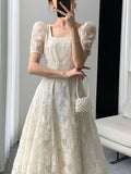 Nukty Vintage Fairycore Lace Long Dress Women Princess Sleeve Square Collar Dresses Elegant Beige Solid Evening Party Prom Vestidos