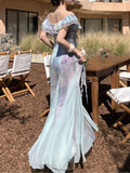 Nukty Summer Print Fairy Slash-Neck Ruffles Chiffon Long Dress Elegant French Romantic Princess Slim Wasit Sling Dresses Robe