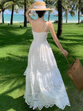 Nukty Elegant Hollow Out Womens Dresses French Style Spaghetti Strap Evening Party Dress Summer Female A-line Chic Vestidos Long Robe