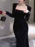 Nukty Elegant Solid Velvet Mermaid Dress for Women Vintage Chic Square Collar Bodycon Evening Party Dresses Female Slim Vestidos Mujer